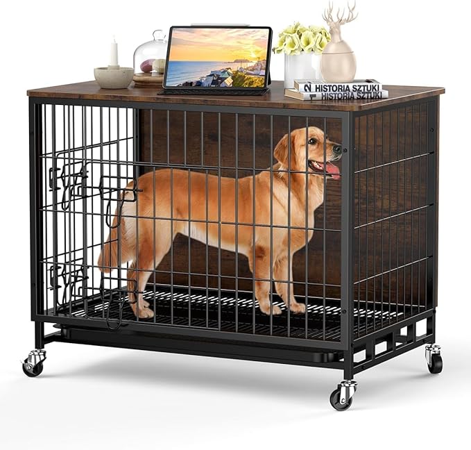 Dog Crate Furniture, 32" Dog Kennel End Table, Wooden Dog Cage with Wheels & Double Doors, Dog Crate Indoor Dog House for Large Medium Dogs, Rustic Brown