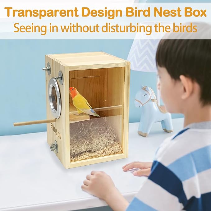 BNOSDM Parakeet Nesting Box Transparent Bird Breeding Nest Boxes Natural Wood Bird Cage (M)