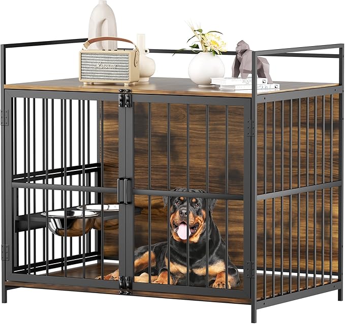 ROOMTEC Dog Crate Furniture-Style Cages for Large Dogs Indoor Heavy Duty Super Sturdy Dog Kennels with 2 Stainless Steel Bowls (48Inch = Int.dims: 46" W x 29" D x 35.5" H)