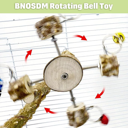 BNOSDM Natural Wood Bird Ladder Perch with Rotating Bell Toys-Exercise Stands for Parrot Climbing Chewing Parakeet Bridge Cage Accessories for Cockatiel, Conures, Lovebirds, Budgie