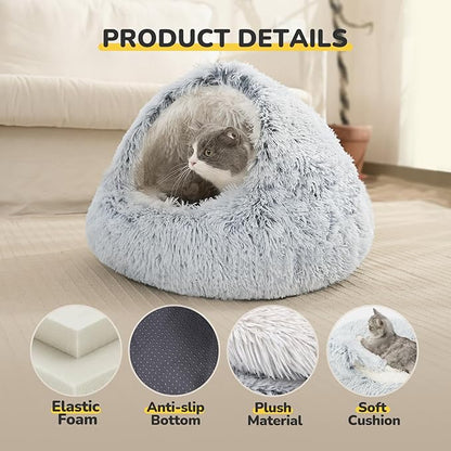 CATISM Cozy Cat Pod - Plush Hooded Cat Bed Cave, Self Warming, Removable Washable with Non-Slip Bottom