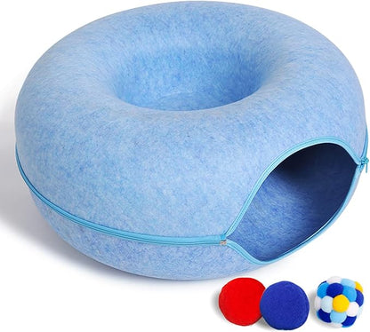 Large Cat Tunnel Bed for Indoor Cats with 3 Toys, Scratch Resistant Donut Cat Bed, Up to 30 Lbs (L 24x24x11, Blue)