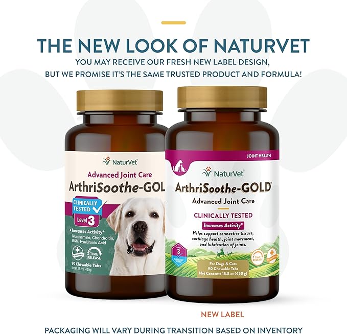 NaturVet  ArthriSoothe-GOLD  Level 3 Advanced Joint Care | Clinically Tested to Support Connective Tissue, Cartilage Health & Joint Movement | Enhanced with Glucosamine, MSM, Chondroitin & Green Lipped Mussel | For Dogs & Cats | 90 Chewable Tablets