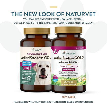 NaturVet  ArthriSoothe-GOLD  Level 3 Advanced Joint Care | Clinically Tested to Support Connective Tissue, Cartilage Health & Joint Movement | Enhanced with Glucosamine, MSM, Chondroitin & Green Lipped Mussel | For Dogs & Cats | 90 Chewable Tablets