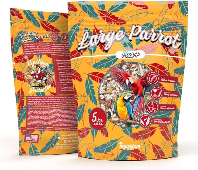 Mycelium Organic Large Parrot Plus Bird Food (5 LBS) | Premium Bird Seed for Macaws, Cockatoos & Parrots | High-Protein, Vitamin-Fortified, Skin & Feather Support | Non-GMO, USA Made, No Fillers