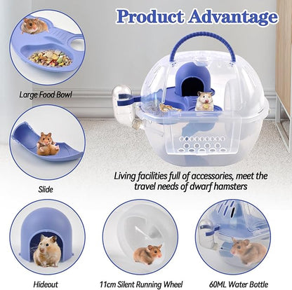 Dwarf Hamster Carrier Cage,Hamster Carrier Portable Hamster Travel Carry Case Breathable 2 Tiers with Silent Exercise Wheels,Water Bottle,Food Dish(Blue)