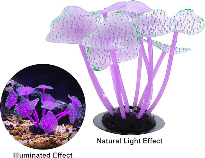 VOCOSTE Soft Silicone Glowing Aquarium Mushroom Coral, Fluorescence Aquatic Artificial Coral for Fish Tank Decoration, Purple