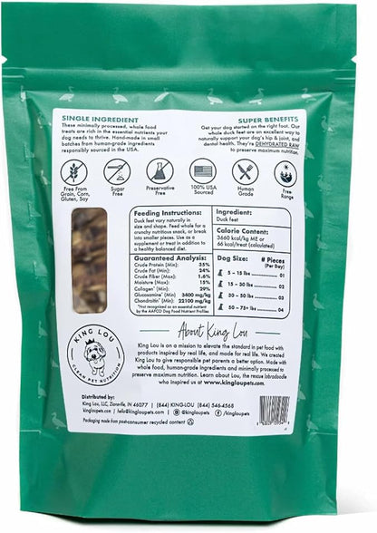 King Lou Pets - Whole Duck Feet for Dogs - Dehydrated Duck Dog Treats - USA-Made Dental Treats for Dogs - Collagen, Glucosamine, Chondroitin for Hip and Joint Health - 10 Count