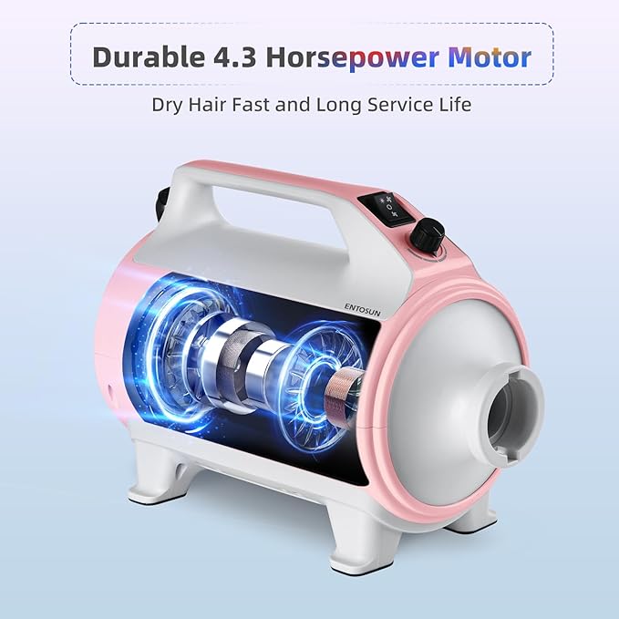 Entosun Dog Dryer, Pet Hair Dryer, 4.3hp/2800W Adjustable Speed and Temperature, High Velocity Dryer, Dog Blower Grooming Dryer with 4 Nozzles and Grooming Gloves (Pink)