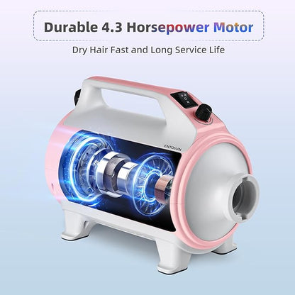 Entosun Dog Dryer, Pet Hair Dryer, 4.3hp/2800W Adjustable Speed and Temperature, High Velocity Dryer, Dog Blower Grooming Dryer with 4 Nozzles and Grooming Gloves (Pink)