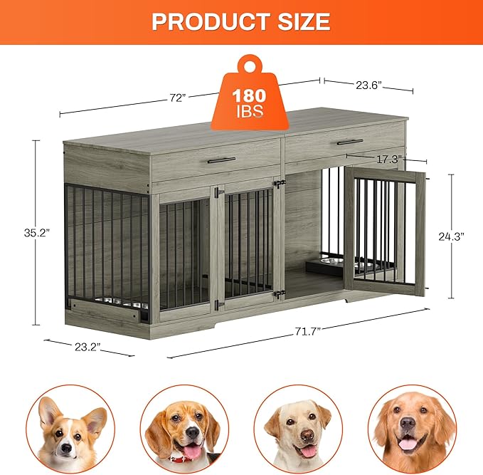 Rophefx 72" Dog Crate Furniture for 2 Dogs, Large Double Dog Kennel Indoor Furniture with 2 Storage Drawers and Removable Divider, Wooden Dog Cage with 4 Bowls, Dog House TV Stand for Medium Dog, Grey