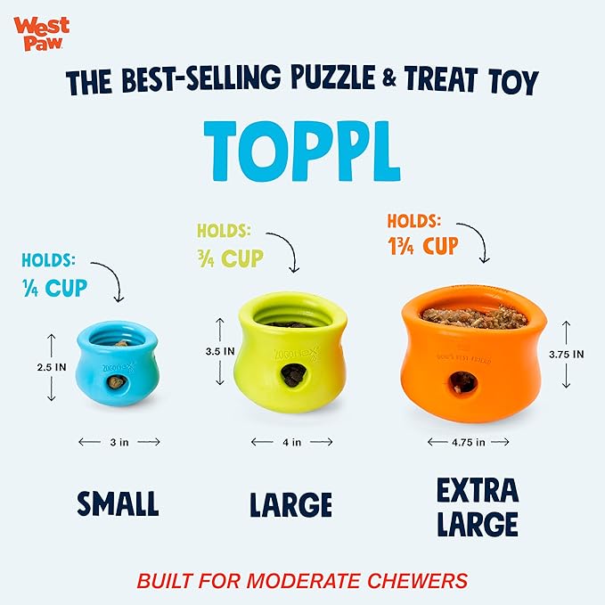 West Paw Zogoflex Toppl Treat Dispensing Dog Toy Puzzle  Interactive Chew Toys for Dogs  Dog Toy for Moderate Chewers, Fetch, Catch  Holds Kibble, Treats, Small 3", Tangerine