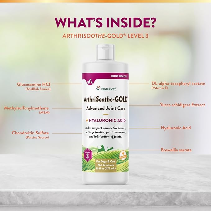 NaturVet  ArthriSoothe-Gold Advanced Care Liquid | Level 3 Advanced Joint Care | Supports Healthy Hip & Joint Function | Enhanced with Glucosamine, MSM & Chondroitin | For Dogs & Cats | 16 oz Liquid