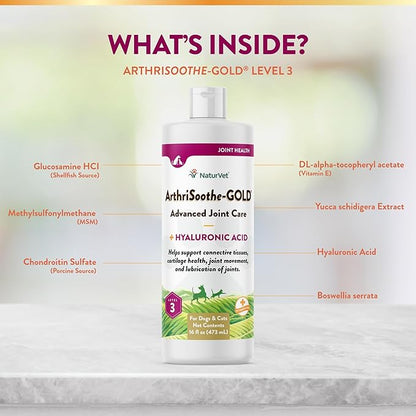 NaturVet  ArthriSoothe-Gold Advanced Care Liquid | Level 3 Advanced Joint Care | Supports Healthy Hip & Joint Function | Enhanced with Glucosamine, MSM & Chondroitin | For Dogs & Cats | 16 oz Liquid