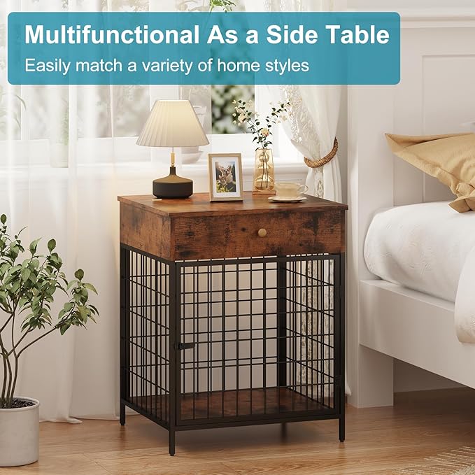 Dog Crate Furniture, Wooden Dog Crate End Table,Dog Kennel with Drawer Indoor, Furniture Dog Crate Side Table for Small Dogs