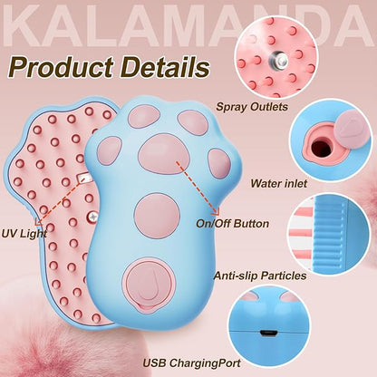 Cat Steam Brush for Shedding, 4 in 1 Steamy Cat Brush with Cleanser, Dog Massage Grooming Brush with Release Button, Pet Hair Cleaning Misting Comb for Kitten(Blue Paw)