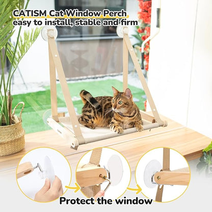 CATISM Cat Window Perch - Foldable Cat Hammock for Window, Soft Seat Machine Washable, Solid Wood Frame, 4 Suction Cups, Cats Window Hammock Load Weight Up to 40lbs