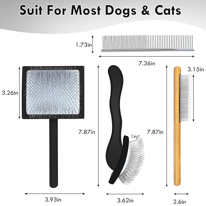 Dog Slicker Brush for Long Haired Dogs, Removes Loose Hair, Tangles and Knots, Professional Pet Grooming Kit, Ideal for Small Medium Large Dogs, Black, Free Pet Comb