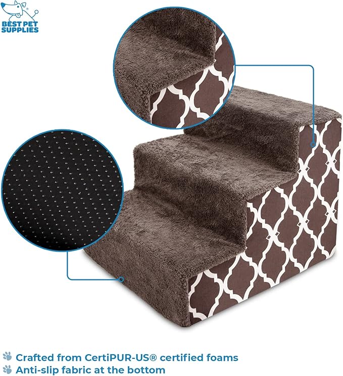 Best Pet Supplies Dog Stairs for Small Dogs & Cats, Foam Pet Steps Portable Ramp for Couch Sofa and High Bed Non-Slip Balanced Indoor Step Support, Paw Safe No Assembly - Brown Lattice Print, 3-Step