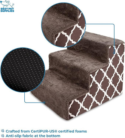 Best Pet Supplies Dog Stairs for Small Dogs & Cats, Foam Pet Steps Portable Ramp for Couch Sofa and High Bed Non-Slip Balanced Indoor Step Support, Paw Safe No Assembly - Brown Lattice Print, 3-Step