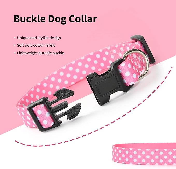 Mile High Life Dog Collar | Cute Puppy Collars | Lightweight Girl Dog Collar | Soft Boy Dog Collars | w Geometric Plaid Wave Line Pattern (Pink Dots, Large)