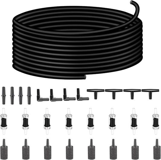 aquarium air pump accessories set-9.84/26.25/101.71 feet aquarium airline tubing hose,check valves,air stones and connectors of I,L,T shape (26.25 feet hose 8 stone 8 check valve 12 connector)