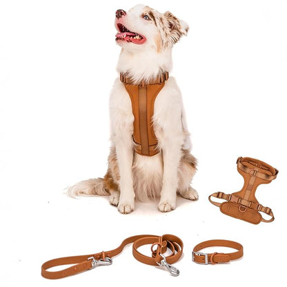 Dog Harness and Leash Set | BearBone No Pull Dog Harness and Waterproof Dog Collar and Leash Set | Heavy Duty Dog Harness, Leash and Collar | Leash, Collar and Harness Large Size Dog (Brown, Large)