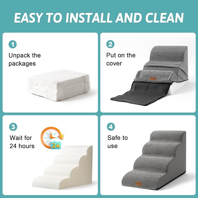 Dog Stairs for High Bed 22.6" H, Small Pet Steps with Leakproof Cover, High Density Foam Cat Ramp for Bed, Car or Couch, Lightweight, Durable, Comfort, 15.7x33x22.6 inch, 5 Tiers, Light Grey