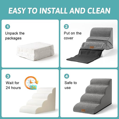 Dog Stairs for Small Dogs, Curved Pet Step with Leakproof Cover, High Density Foam Cat Ramp for Bed or Sofa, Lightweight, Durable, Comfort, 15.7x22.4x15.7 inch, 3 Tiers, Light Grey