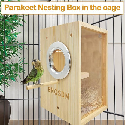 BNOSDM Parakeet Nesting Box Transparent Bird Breeding Nest Boxes Natural Wood Bird Cage (M)