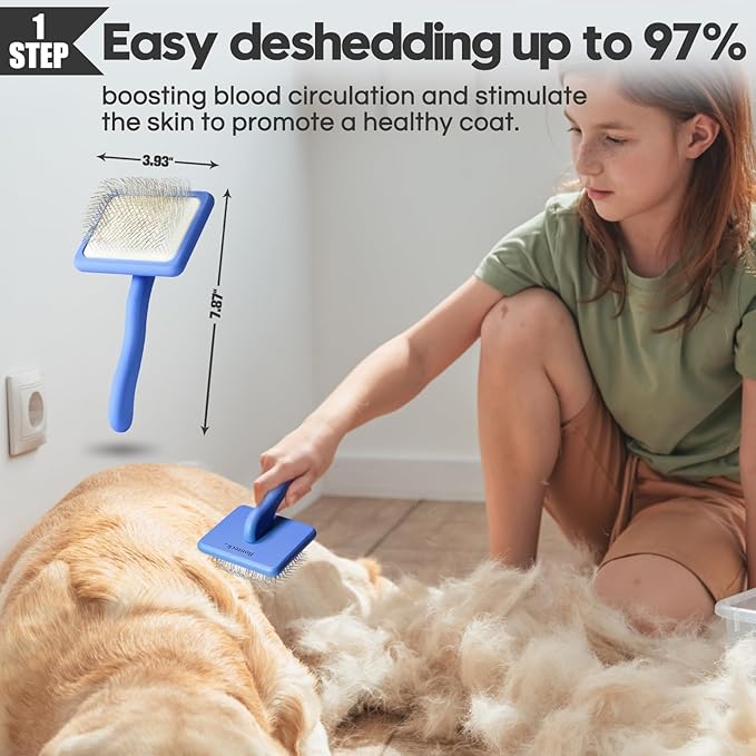 Dog slicker Brush for Dogs Grooming Kit 4PCS | Large Dog Brush for Goldendoodles Poodles Doodles | Long Pin Haired Brush | Dog Bath Brushes Flea Comb(Blue)