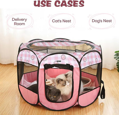 Lucky Monet Foldable Dog Playpen Cat Puppy Playpen Indoor Pop Up Pet Animal Playpen Outdoor Kennel Cage Pen Tent for Small Medium Dog Puppy Cat Kitten Rabbit - Medium, Pink