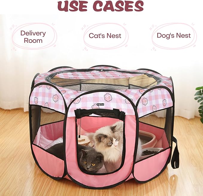 Lucky Monet Foldable Dog Playpen Cat Puppy Playpen Indoor Pop Up Pet Animal Playpen Outdoor Kennel Cage Pen Tent for Small Medium Dog Puppy Cat Kitten Rabbit - Large, Pink