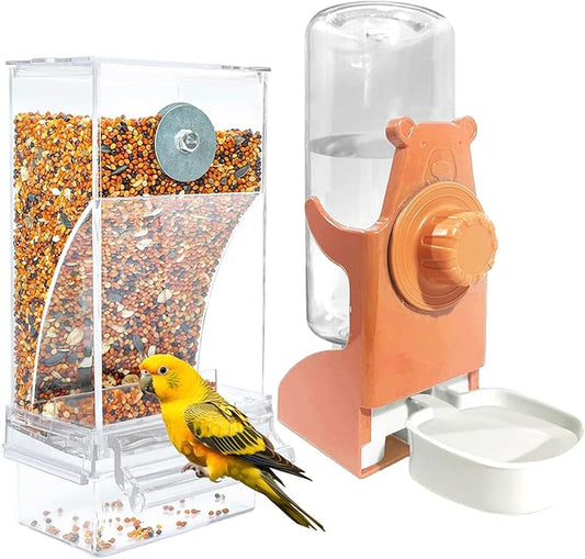 VERTUPET No Mess Bird Feeders with Water Dispenser Automatic Transparent Acrylic Food Container Drinker for Cage Automatic Parrot Feeder Seed Container Cage Accessories (Orange)