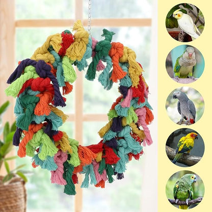 Bird Colorful Cotton Rope Hanging Ring Parrot Preening Grooming Chew Climb Biting Toy for African Grey Cockatoo Conure Parakeet