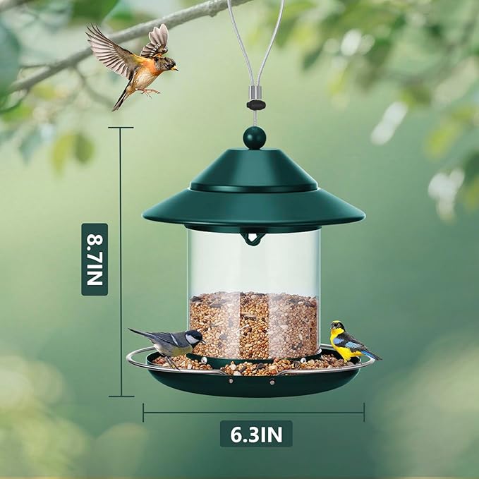Metal Roof Bird Feeder, Hanging Bird Feeders for Outdoors with 2LB Clear Tube Seed Capacity for Viewing Cardinal Finch, 360° Feeding Wild BirdFeeders for Outside Garden Yard Decoration