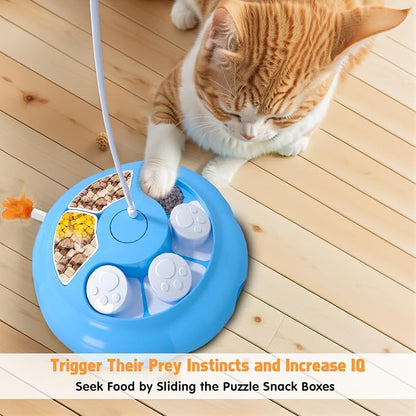 Interactive Cat Toys for Indoor Cats, 4in1 Pet Teaser Toy with Ambush Feather Wand, Motorized Fluttering Butterfly and Slow Feeder, Rechargeable Power Treat Puzzle Toy(Blue)