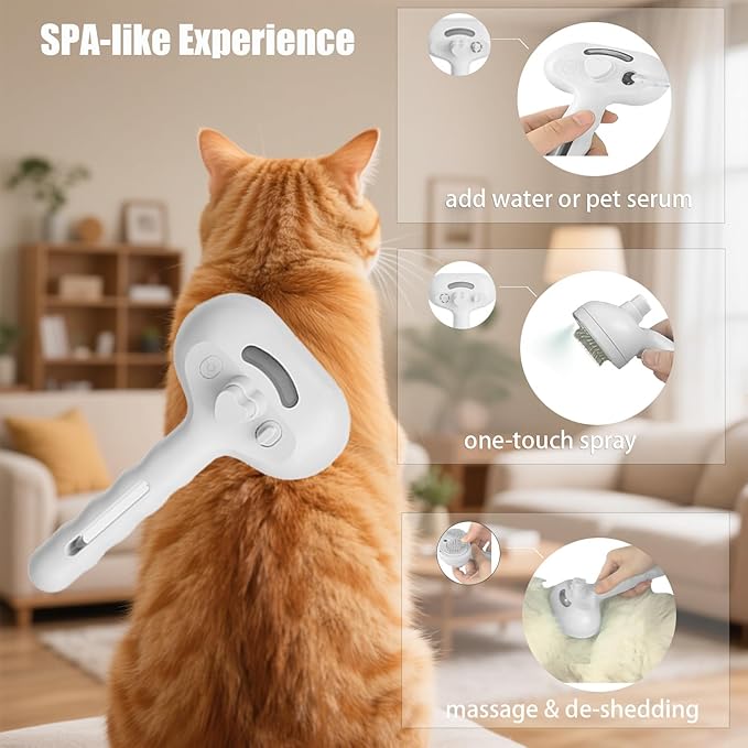 3 - in - 1 Pet Steam Brush for Cats & Dogs - Suitable for All Hair Types! One - Click Spray; Comfortable Massage; Superior Deshedding & Skin Care; Quiet Operation at 36dB (White)