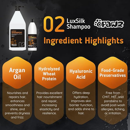 OPAWZ 02 LuxSilk Dog Shampoo, 2- in-1 Dog Shampoo and Conditioner, Reduces Shedding, Dematting, Deshedding, Removes Undercoat, for Long Haired, Silky Coat Dogs and Cats, 16.9 fl.oz/ 500ml