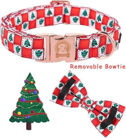 MR. CHUBBYFACE Christmas SquareTree Dog Collar with Bowtie, Cotton Boy Girl Dog Collars with Metal Buckle Cute Christmas Collars for Puppy Small Medium Large Dogs