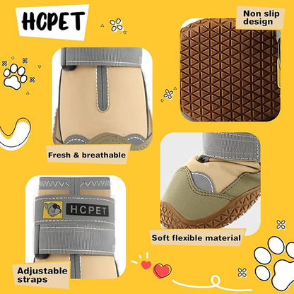 Hcpet Dog Shoes for Large Dogs, Waterproof Dog Booties for Small Medium Dogs, Anti-Slip Dog Boots & Paw Protectors for Hot Pavement Winter Snow Hiking with Reflective Straps Khaki Size 8