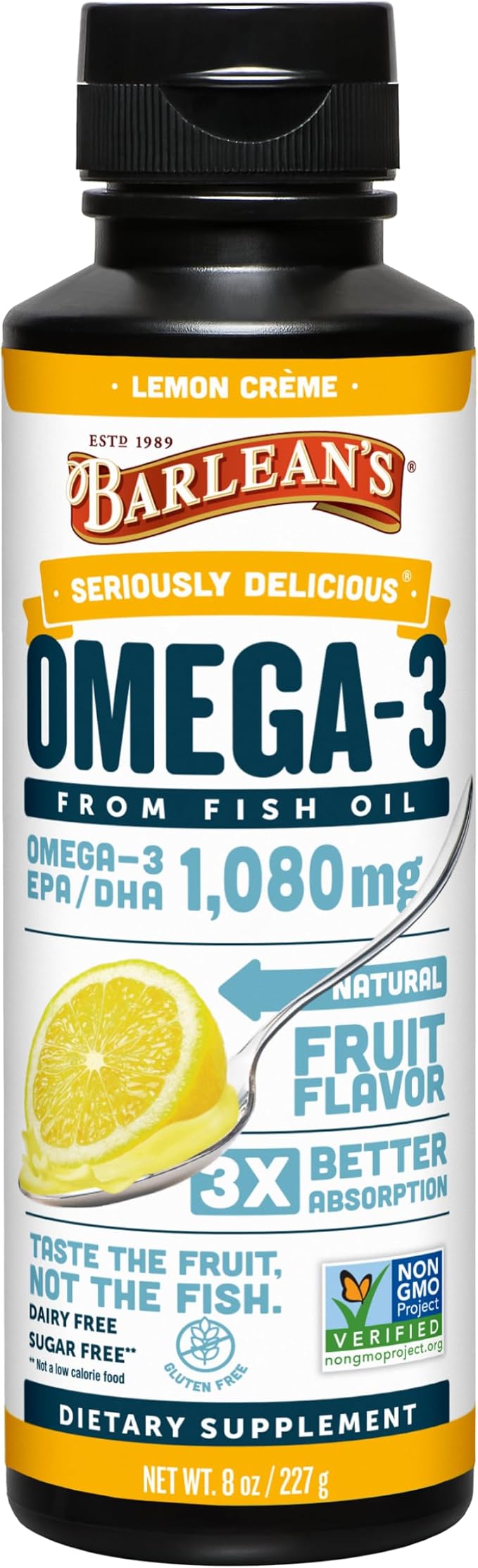Barlean's Lemon Creme Omega 3 Fish Oil Supplements - 1080mg of EPA/DHA for Brain, Heart, Joint, & Immune Health - All-Natural Fruit Flavor, Non GMO, Gluten Free - 8-Ounce