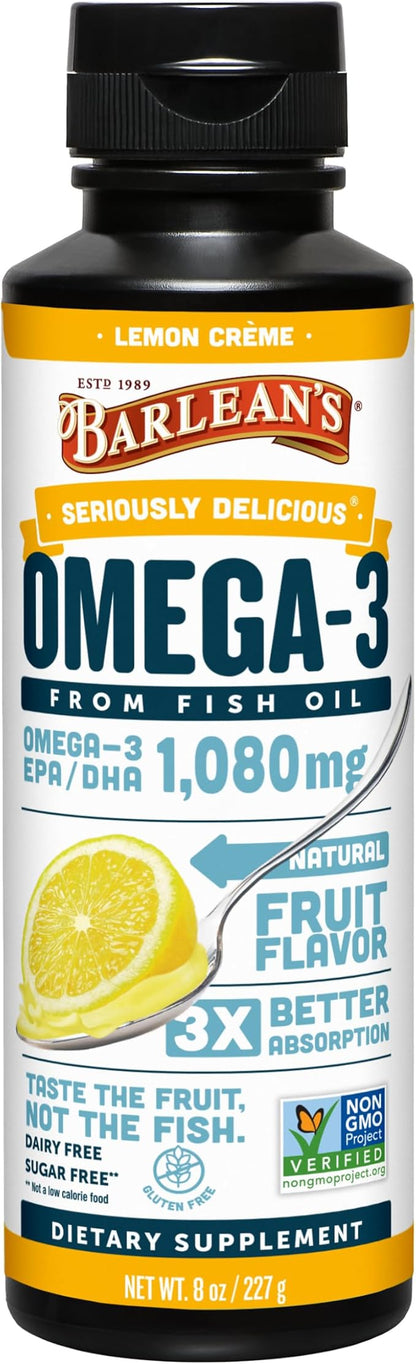 Barlean's Lemon Creme Omega 3 Fish Oil Supplements - 1080mg of EPA/DHA for Brain, Heart, Joint, & Immune Health - All-Natural Fruit Flavor, Non GMO, Gluten Free - 8-Ounce