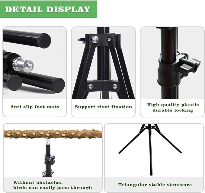 Wooden Bird Perch Stand with a Height Adjustable Tripod, Bird Training Accessories for Indoor or Outdoor, Birds Stand for African Grey, Budgies, Cockatiels, Lovebirds, Conures, Small to Medium Birds