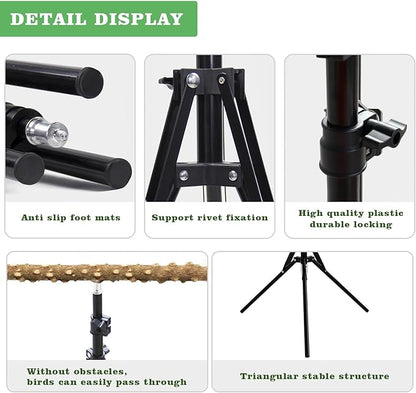 Wooden Bird Perch Stand with a Height Adjustable Tripod, Bird Training Accessories for Indoor or Outdoor, Birds Stand for African Grey, Budgies, Cockatiels, Lovebirds, Conures, Small to Medium Birds