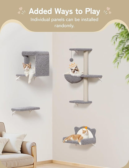 Cat Wall Shelves 5-in-1 Modern Climbing Wall Furniture Set for Cats with Scratching Posts, Cat Bed & Sofa, Space-Saving Perch for 16" Drywall, Light Gray