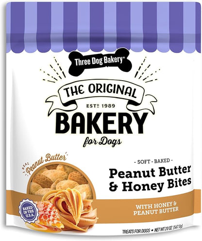 Three Dog Bakery Peanut Butter & Honey Bites - Dog Treats, Dog & Puppy Training Treats, Dog Biscuits, Mess-Free Snacks for Dogs, Human-Inspired Dog Treats