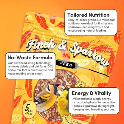 Mycelium Organic Finch & Sparrow Wild Bird Food (5 LB Bag) | Premium Seed Mix for Songbirds | Balanced Energy & Nutrition | Sifted, Low-Waste, Made in USA