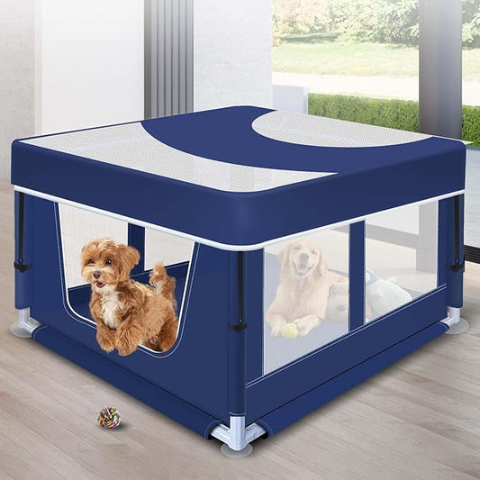 Dog Playpen with Cover, 42x42x25.6 Inches Foldable Portable Soft Puppy Playpen with Gate, Thickened Fabric Mesh Dog Fence with High-Strength Nylon Wire Mesh, Indoor Outdoor Breathable Exercise Cage