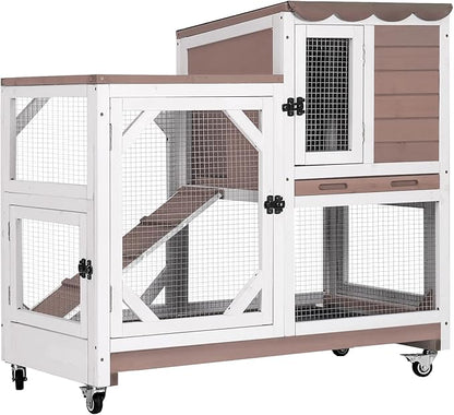 GUTINNEEN Rabbit Hutch Indoor Rabbit Cage with Wheels Outdoor Bunny House 2 Story Guinea Pig Cage with Leakproof Tarp Roof (Brown)